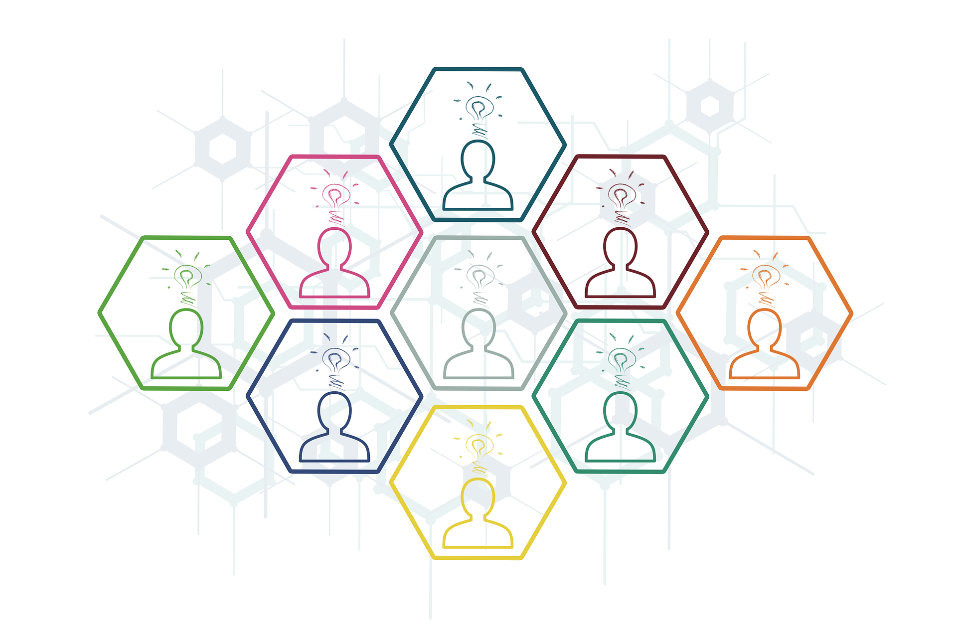 A group of colorful hexagons. In the center of each hexagon are outlines of human heads with lightbulbs above them.