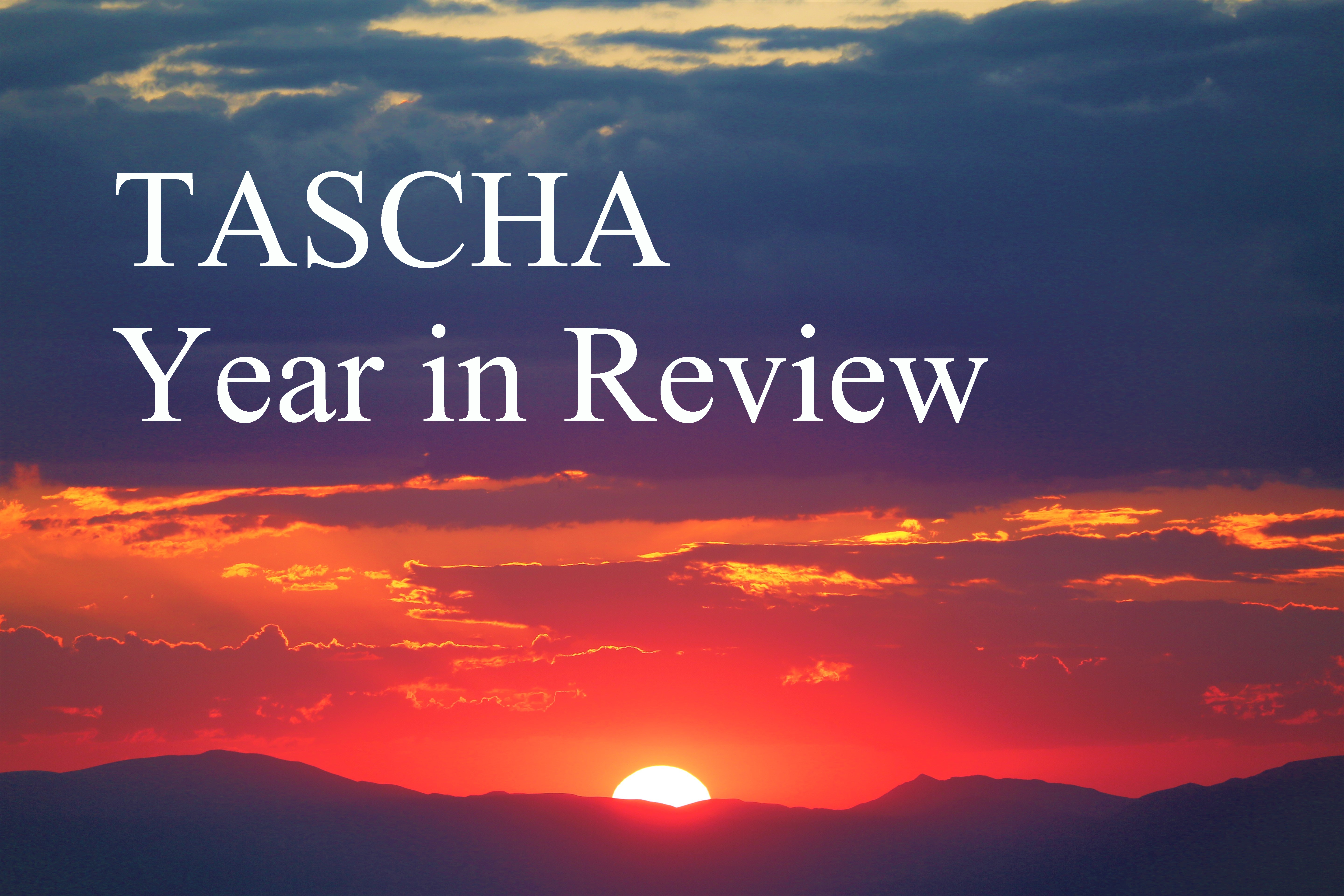 The words "TASCHA Year in Review" written in a white font over an image of a red and purple sunset