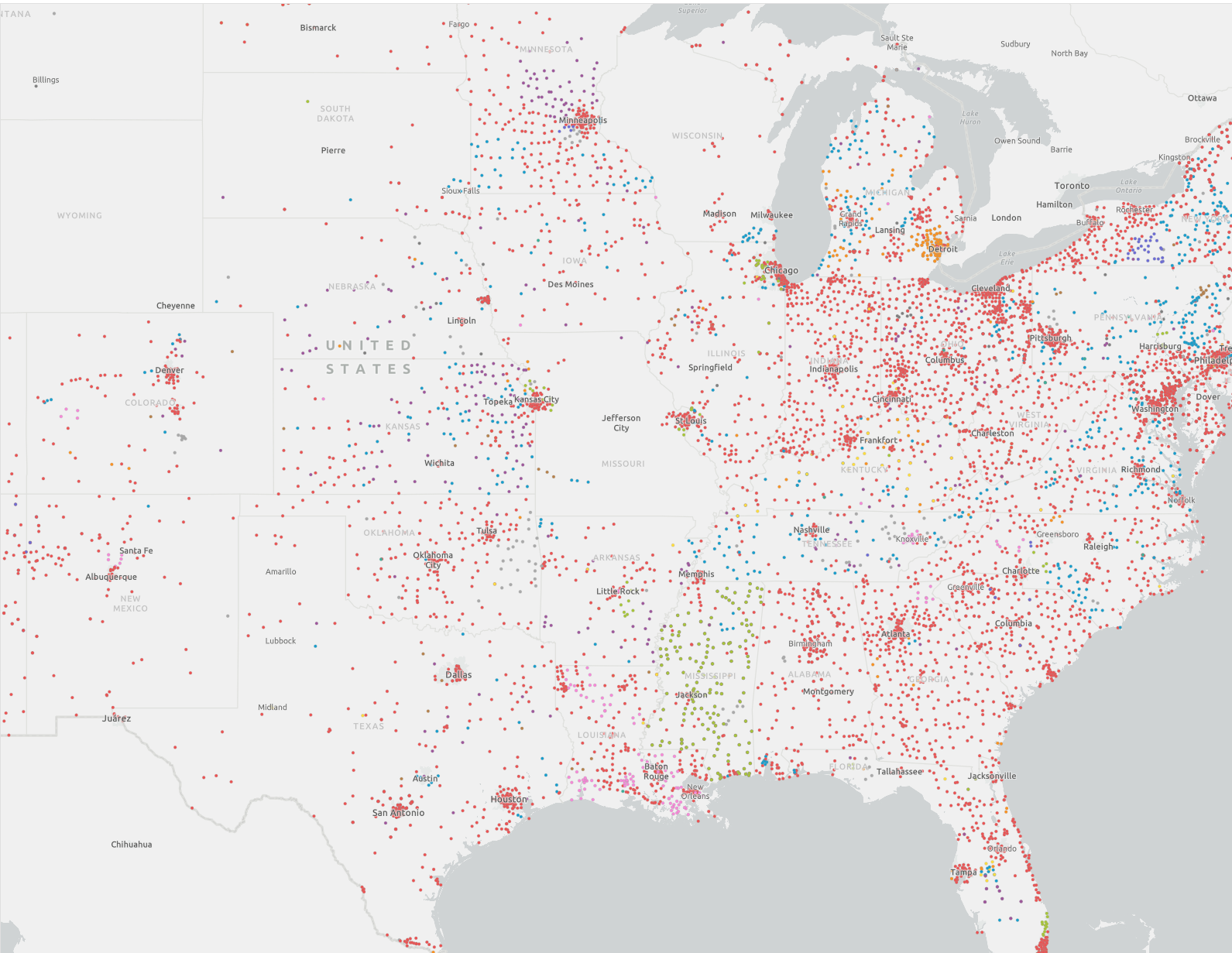 Map of the eastern United States with red connectivity lines