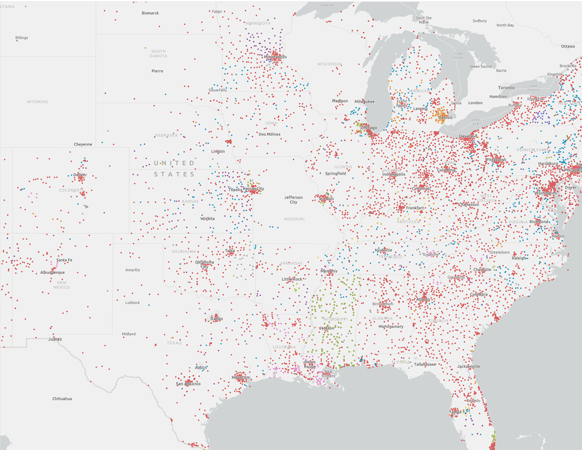 Map of the eastern United States with public library internet connectivity locations marked